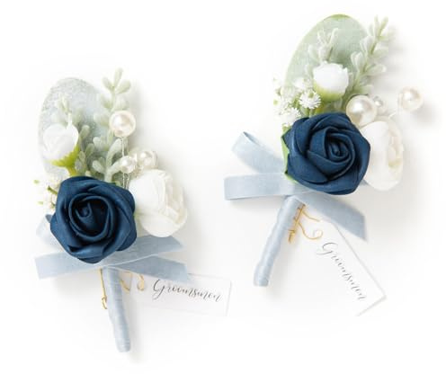 Ling's moment Boutonniere für Männer, 2 Stück Bräutigam Trauzeugen Gast-Boutonniere, künstliche Blumen für Hochzeit/Abschlussball/Heimkehr usw. Marineblaue weiße Ranunkeln