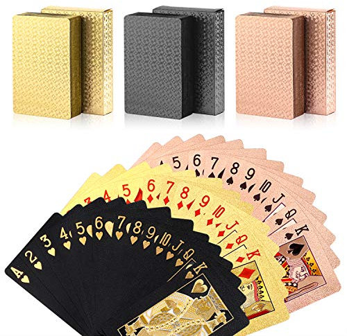 Zayvor 3 Decks Spielkarten, Folien-Pokerkarten, Deck mit 24 Karat Gold, Diamantfolie, Pokerkarten, wasserdichte Kunststoffkarten mit Geschenk-Box, Spiel-Werkzeuge für Familienspiel-Partys, cooles