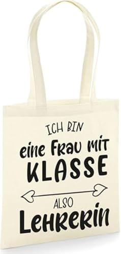 tradercat Jutebeutel bedruckt mit Spruch, Stoffbeutel bedruckt aus 100% Baumwolle - Tote Bag, Einkaufsbeutel, Einkaufstasche, Shopper und Baumwolltasche mit langen Henkeln, Frau mit Klasse