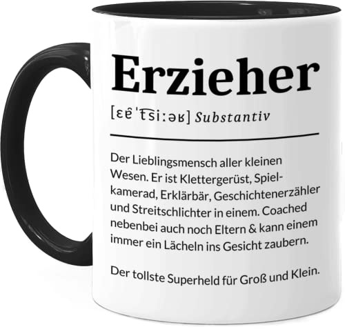 Tassenliebling® Definition Tasse Erzieher personalisiert Schwarz - Beidseitiger Druck - Abschiedsgeschenk Kindergarten Tagesmutter Kita - Bester Erzieher Geschenk zum Abschied