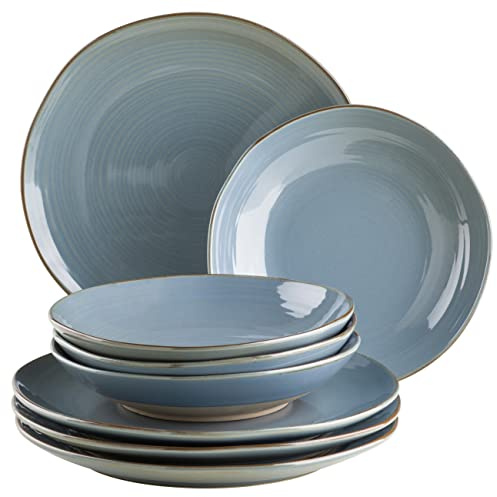 MÄSER Serie Nottingham, Vintage Teller-Set für 4 Personen, 8-teiliges Tafelservice mit Speiseteller und Suppenteller im unregelmäßig runden Retro Look, Steinzeug, Blau-Grau
