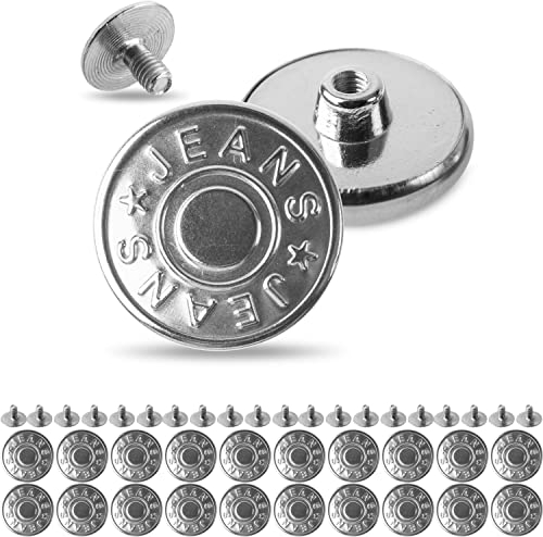 Hosen Ersatz Knöpfe zum Schrauben, 20 Pack, Ø 20 mm Messing Jeansknöpfe, Silber-farben, schraubbare Jeans Knöpfe, Hosenbund weiter oder enger machen, Metall Hosenknöpfe mit Schrauben Pin Verschluss