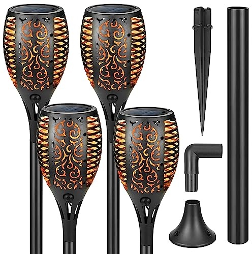 CECOMBINE 4 lámparas solares para exteriores de jardín, 33 LED lámpara solar con soporte de pared para exteriores, antorchas solares de jardín, IP65, resistente al agua, patios traseros, césped