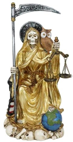 Ebros Gift Santa Muerte Holding Scythe Hourglass and Scales of Justice with Wise Owl Seated On Throne Figurine Holy Death Bone Mother Patron of Wealth Protection Purity Love Health (Gold)