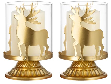 Sziqiqi Tealight Candle Holders Christmas Modern Decor, Hurricane Pillar Candle Holder Set of 2, Decorative Stag Candle Stands Centerpieces for Christmas Table Mantle Fireplace Decoration, Gold