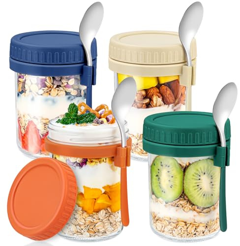 DRKIO 4-pack glas övernattningsbehållare med lock och skedar 473 ml glasburkar för övernattning havre burkar läckagefria havregrynsbehållare måltidsburk för spannmål frukt grönsak mjölk sallad yoghurt
