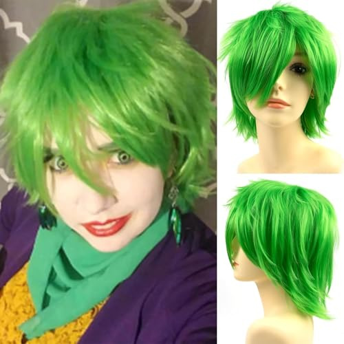 Luxiremi Cosplay Anime Perücke Neon Grün Kurzhaar für Herren Damen Karneval | Mandarinen Perücken Kurz 8 Inch Gestuft, deal für den täglichen Gebrauch und Halloween Perücken, Hitzebeständige Kunstfaser