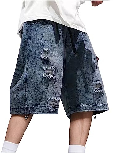 Pantaloncini Uomo Corti da Running, Baggy Jeans Gamba Larga Strappati in Denim, Tasca Casual con Gamba Dritta, Estivi, Pantaloni Tecnici Felpati