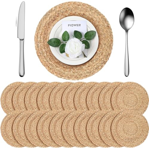 FoldTier 20 Pcs Round Placemats Bulk Plate Chargers Set 11.8 Inch Woven Placemat Rustic Braided Straw Rattan Charger Natural Water Hyacinth Place Mat for Wedding Party Table Single Tableware Use