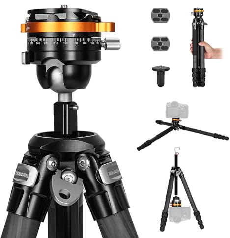 TARION Trépied en Fibre de Carbone pour Appareil Photo - Système Unique Quickset avec Tête Sphérique, Compact et Léger de Voyage, Colonne Centrale Qobra 155cm