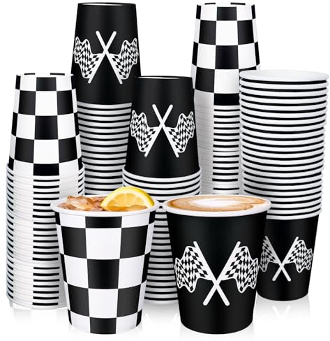 Whaline 50 Pcs Checkered Racing Paper Cups 9 Oz White Black Checkered Flag Disposable Cups Decorative Party Cup for Racecar Themed Birthday Party