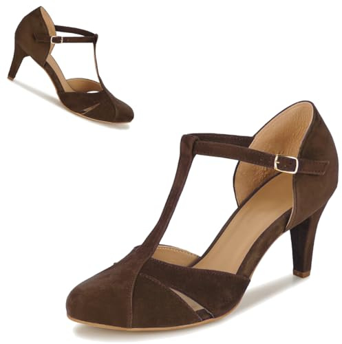 Dystralix Women Mary Jane Kitten Heels Pumps Shoes Brown Ankle T-Strap Closed Round Toe Sandals Heeled Cutout Suede Mary Janes Dress Shoe Brown Mid Heel Office Ladies Wedding Party Dance Brown 8