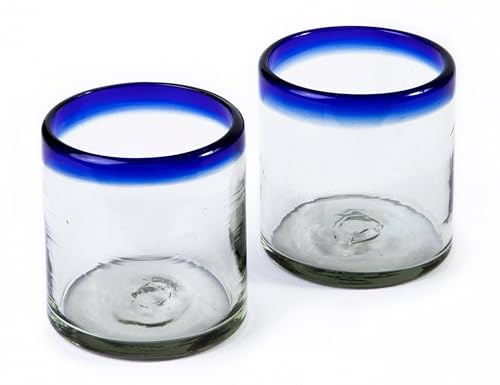 Handmade con Amor - 7 oz Hand Blown Mexican Drinking Glasses - Set of 2, 7 fl oz Each, Cobalt-Blue Rim