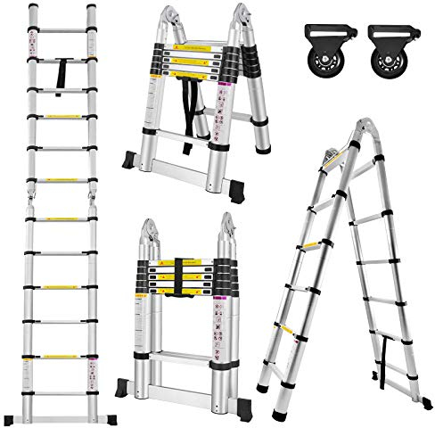 UISEBRT 3,8m Teleskopleiter Klappleiter Aluminium Multifunktionsleiter Anti-Rutsch Aluleiter Klappbare Leiter Ausziehleiter 150 kg Belastbarkeit