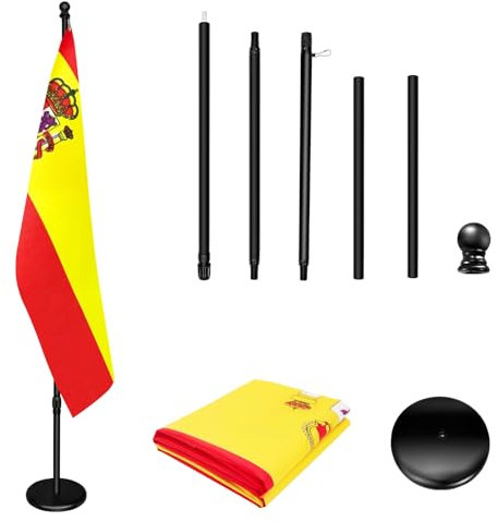 Asta per bandiera per interni con base, 200 cm-252 cm sollevata e abbassata per regolare l'altezza, la base aggiunge peso, aste ruotano di 360 gradi, bandiera della Spagna 90 x 150 cm. Adatto per