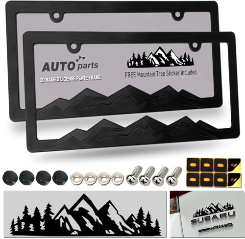 ZXFOOG Mountain Kennzeichenrahmen aus Kunststoff, schwarz, Halterung mit Schraubkappen, Verdunkelung, 2 Packungen, 2 Löcher, Vinyl-Aufkleber im Lieferumfang enthalten