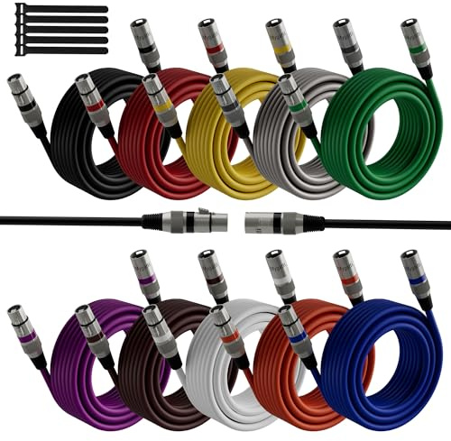XLR-Kabel Mikrofonkabel 10m(10 pack,mehrfarbig),Stecker auf Buchse,3 polig abgeschirmt ausbalanciert Patchkabel,mit EMI-und RFI-Unterdrückung,Kompatibel mit Verstärker,Lautsprecher+5 Kabelbinder