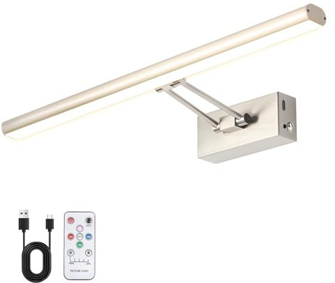 HOWMZON Picture Light, 17.5inches Picture Light Battery Operated,3CCT Picture Frame Light,Wireless Picture Lights for Wall Artwork Display, Photo,Library (Satin Nickel)
