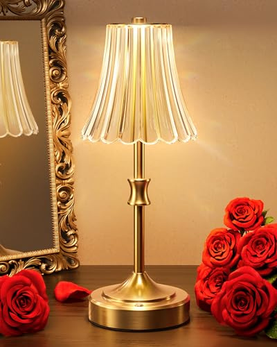 JACKYLED Vintage Cordless Table Lamp, Acrylic Crystal Flower Lamp Shade, 3 Colors Dimmable LED Golden Lamp, 5400mAh Battery Operated Rechargeable Lamp for Kitchen Counter Home Decor