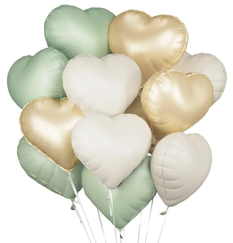 Herzluftballons Grün Beige Gold, 18 Zoll Herz Folienballon Grüne Herzballons Hell Grün Gold Herz Luftballons Salbeigrün Hochzeit Helium Set Ballons mit Herzform für Geburtstag Valentinstag Hochzeit