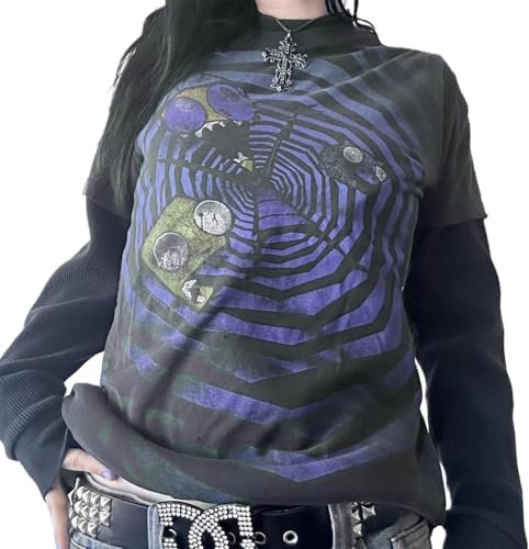 Maglietta da donna Fairy Grunge a maniche lunghe E-Girl Gothic Punk Lose Crop Top Teenager Girls Vintage Grafica Tee Shirts Y2k Estetico Top Halloween Abbigliamento, Lilla, L