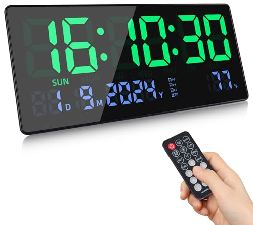 Fuloon Digital väggklocka, 15,5 tum stor LED-väggklocka digital, kalender väggklockor med sekunder, temperatur, datum, vecka, digital väggklocka bordsklocka med stativ för vardagsrum kök kontor