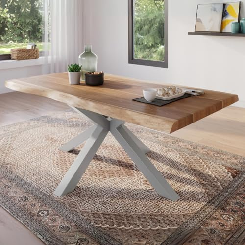 trelevo Esszimmertisch 160x85 cm naturfarben Spider-Gestell Baumkante | Akazienholz massiv, Tischplatte, Silber, Baumkantentisch