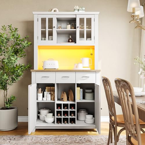 Wiuzo Vitrinenschrank, Hochschrank Küchenbuffet, Buffetschrank mit Verstellbaren Ablagen, Sideboard mit LED-Beleuchtung, Buffetschrank,106x40x179.5cm (Weiße Schublade)