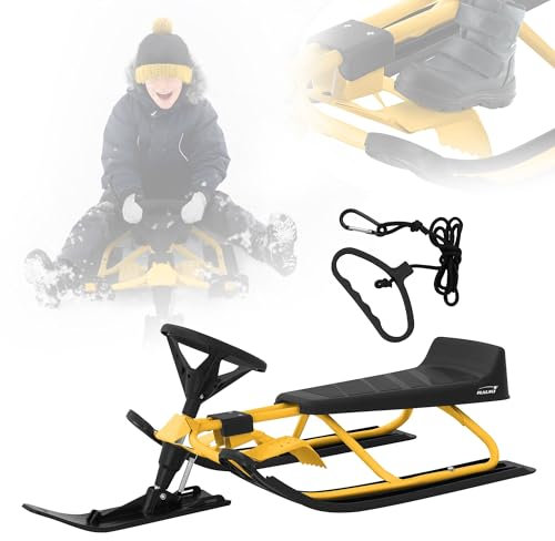 ECD Germany Lenkschlitten in Gelb, Kinderschlitten Rodel ab 5 Jahre, Skibob für Kinder/Erwachsene bis 90 kg, Schlitten mit Lenkrad, Fußbremse, Zugseil, Sitz mit Rückenlehne, Stahlrahmen, 119x38x50 cm