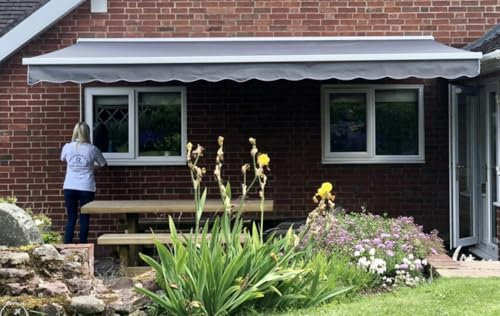 INT400 INTELROLL Half Cassette Retractable Awnings for Patio, Garden, Shop front- 4m x 3m / 13’1″ x 9’10” - ELECTRIC with Remote Control- Frame White- Fabric PU Grey Polyester