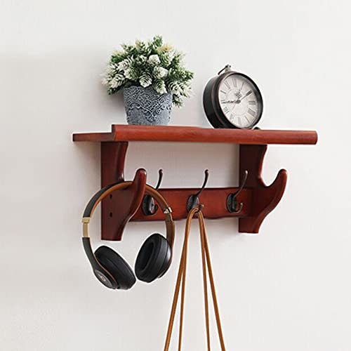Wandgarderobe aus Holz mit Ablage für Eingangsbereich, Badezimmer, Wohnzimmer, rustikale Wandhaken mit Ablage, für Schlüssel, Mäntel, Hüte, Vintage Holzwandgarderobe mit 4 Haken