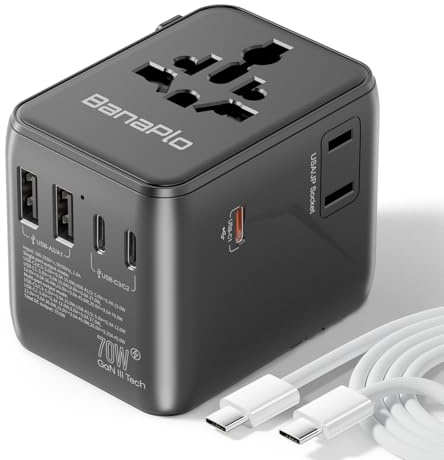 Universal Travel Adapter Plug with 5 USB Ports, Travel Plug with 3 Type-C and 2 USB-A, 70W PD Fast Charging International Power Adapter, All-in-One Worldwide Travel Plug for UK US EU AUS Asia