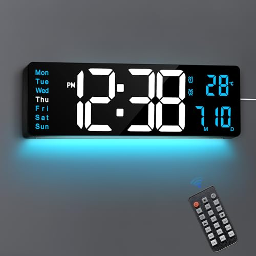 Maxstar Orologio 16 con Telecomando, Display LED Grande, Doppia Sveglia, Ora Legale, Data, Dimmer, Temperatura, Numeri Jumbo, Luci Notturne per Soggiorno|Ufficio|Cucina|Fattoria|Scrivania (Blu)