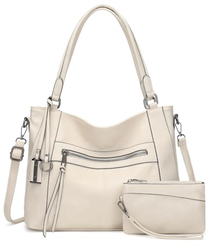 BAIGIO 2-teilige Handtaschen Damen Set Umhängetasche Groß Shopper Tasche PU Leder Schultertasche Crossbody Bag Tote Laptop Damentasche Henkeltaschen Tragetasche mit Geldbörse Reißverschluss, Beige
