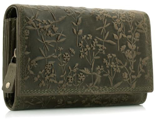 ekavale Stilvolle Damen Geldbörse aus Leder mit Blumenprägung und RFID-Blockierung, langes Design mit Druckknopf (Grün)