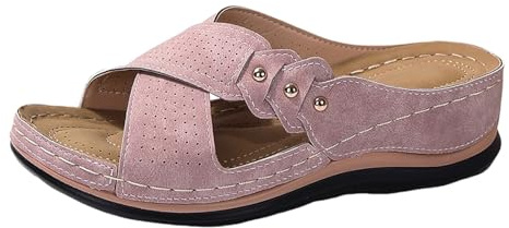 Pantofole ortopediche da donna con zeppa in pelle, stile vintage, scarpe estive per il tempo libero, zeppa, con tacco e plantare, Slides, Colore: rosa., 37 EU