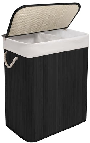 Knight Bamboo Laundry Hamper 105L - Dual Compartment Basket, Removable & Washable Liner, Foldable, Natural, for Bedroom & Bathroom, 52x32x63cm (Black)