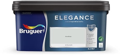 Bruguer Elegance Pintura Monocapa Extra Mate para Paredes y Techos, Interior y Exterior protegidos, Ultra Lavable, Resistente al Desgaste y Manchas, Con conservante Antimoho, Gris Brisa 4 L