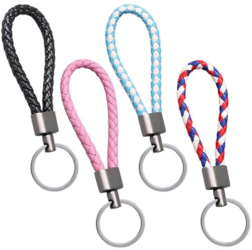 Lot de 4 porte-clés tressés en cuir synthétique,Cuir Tressé Porte Clef Voiture Multifonction,pour Homme Femme, pour Voiture, Moto, Bureau et Maison,4 couleurs