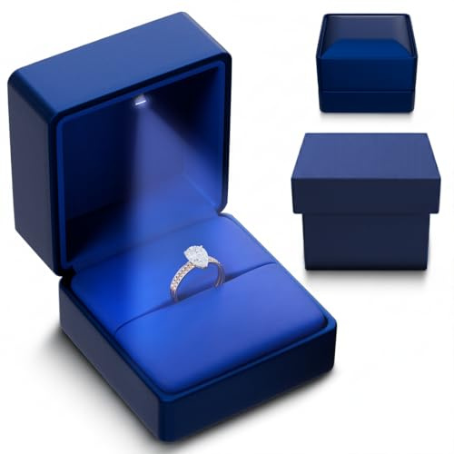 YJCBOX Scatola per anelli con luce LED per proposta di fidanzamento o matrimonio, elegante scatola regalo per gioielli (blu)