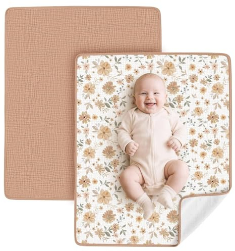 2 Stück Wickelauflage 75x60 cm | Baumwolle Wickelunterlage Baby | Faltbar Wasserdicht | Wickelauflage mit Frotteerückseite | Weich | Geschenke für Neugeborene (Toffee, Blüte)