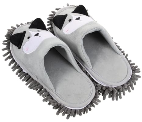 Garneck Pantoufles de Nettoyage en Coton Chenille Taille 38-41 pour Femmes | 1 Paire, Motif Chien Gris Adorable, Lavables et Réutilisables, Usage sans Effort pour Sols Cuisine