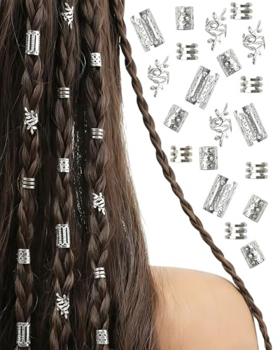 FUGLUS 40 Stück Haarschmuck für Zöpfe,haarschmuck,Schmuck für Haar,Manschetten-Clips für Dreadlock-Zubehör,Haarspiralen Clips Haarschmuck für Dreadlocks für Männer Frauen - Silber