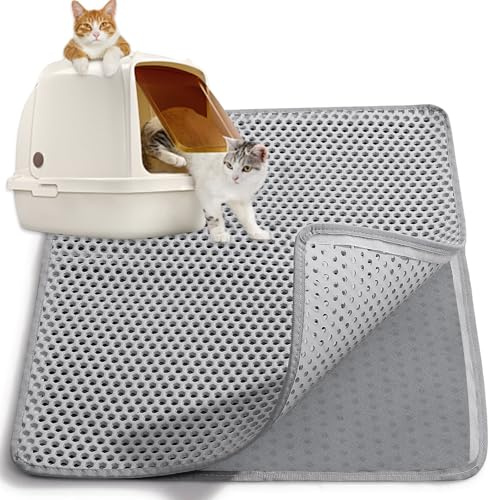 Katzenklo Matte, 90x60cm Katzenstreu Matte EVA Katzenmatte Waben Doppelte Schichte Wasserdichte Unterlage Katzenklo Katzenstreu Auffangmatte für Katzentoilette Futterplatz Grau