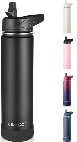 CIVAGO Insulated Stainless Steel Water Bottle with Straw, 750ml Metal Sports Drink Bottle with Handle, Travel Thermal Flask Cup for Gym and Hiking, Black