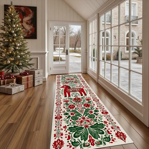 Dppyuxa Traditionell Dala Pferd Küchenteppich Skandinavisch Rose Waschbar rutschfest, Läufer Teppich für Küche und Flur Blumen Bordüre Langer Flurteppich auch als Bettvorleger 60x210 cm