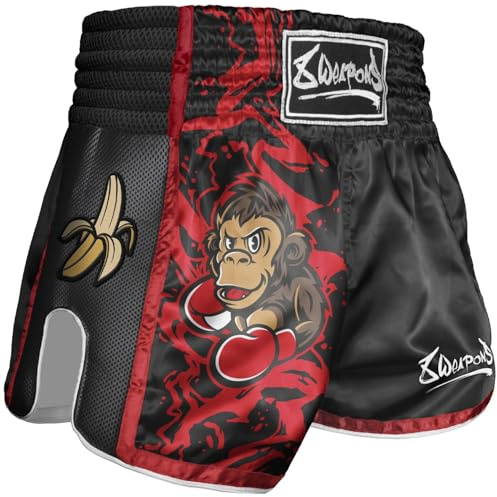 8 WEAPONS Muay Thai Shorts Joe, Kinder Thaibox Shorts Satin, Schwarz-Rot, Kickboxhose für Kinder, Größe 6-8 Jahre, Atmungsaktiv, Langlebig, Kampfsporthose MMA, K1, Boxen, Thai Boxen