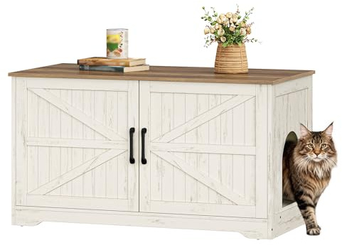 Fobyfurny Mobile Lettiera per Gatti,100 x 50 x 55cm, Marrone e Bianco | Mobiletto per Lettiera Nascosta, Casetta in legno per Gatti con Ingresso Laterale, Stile Fattoria, Cuccia per Gatto Interno