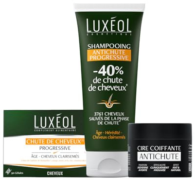 LUXÉOL - Routine Chute de Cheveux Homme - Chute de Cheveux | Chute de cheveux Progressive (90 gélules) + Shampooing Antichute Prog.(200ml) & Cire Coiffante (50ml) - Fabriqués en France