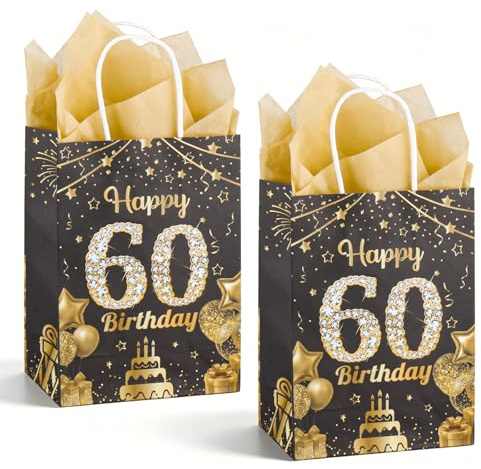 2 Stück Geschenktüten zum Geburtstag, Schwarz Goldene Happy 60 Birthday mit Seidenpapier, Elegante Geburtstagstüten für Männer Frauen, Partydekoration, Geschenkverpackung